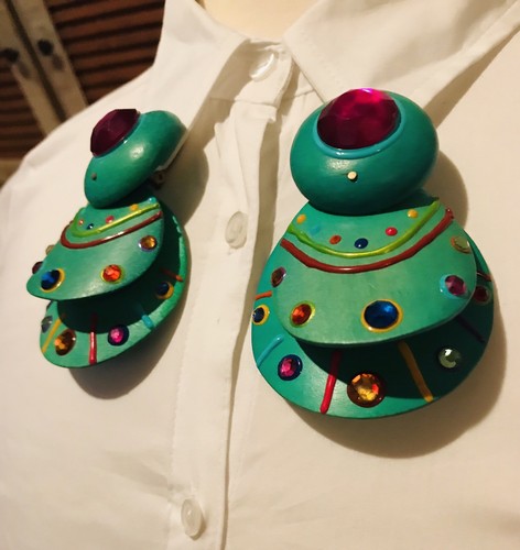 Vintage Red Geometric Green Wooden Rhinestone Enamel Dangle Massive Earrings 3”