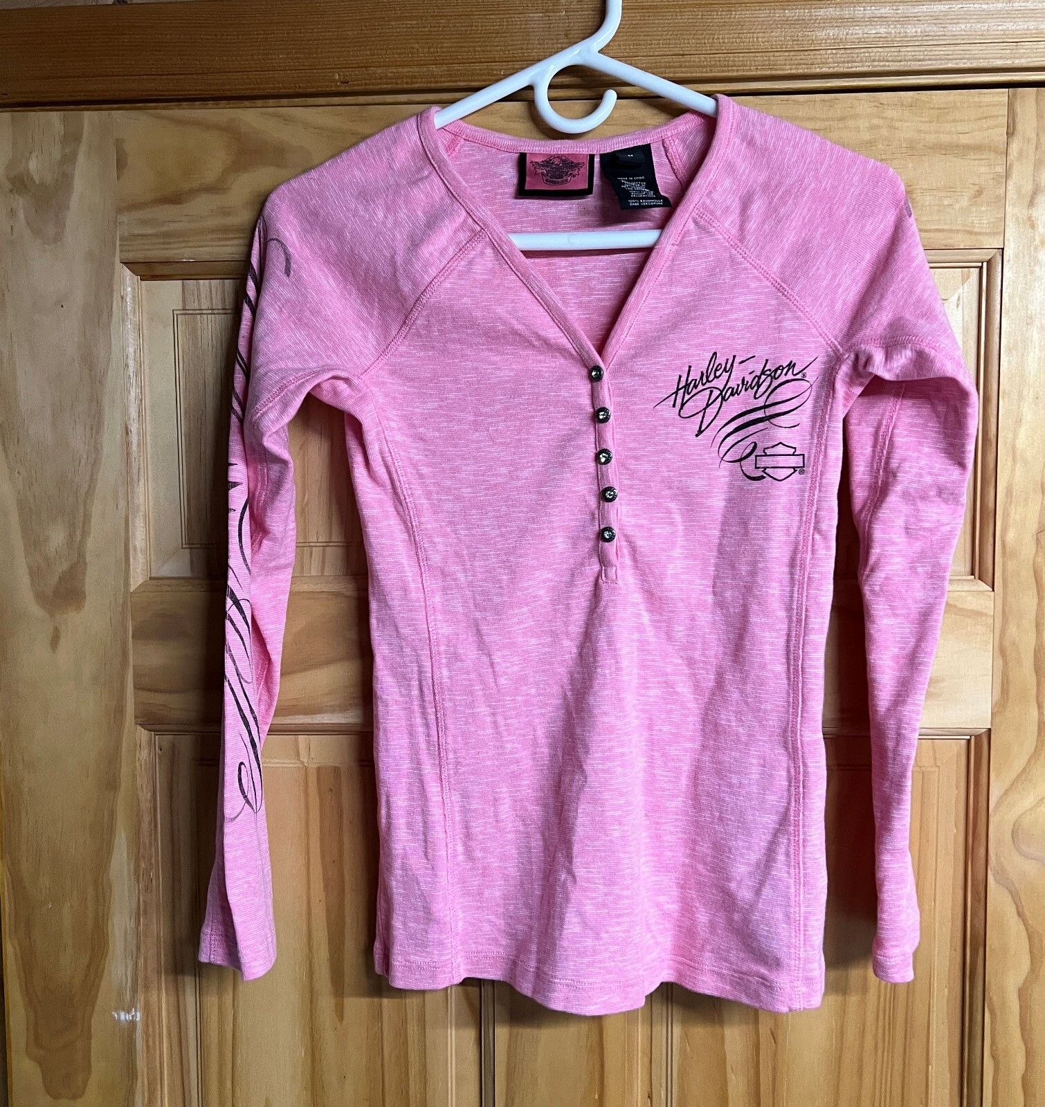 VINTAGE HARLEY DAVIDSON MOTORCYCLE PINK LONG SLEEVE TOP