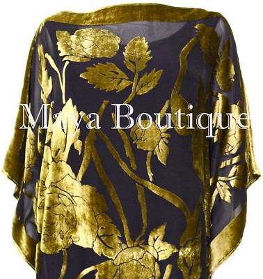 Pre-owned Maya Matazaro Caftan Dress Kimono Silk Burnout Velvet Antique Gold Blk Hand Dyed