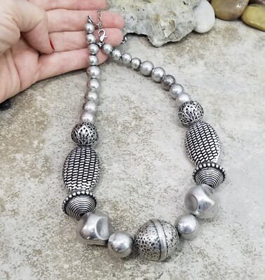 Vintage Chunky Antiqued Silver Tone Geometric Bead Choker Necklace