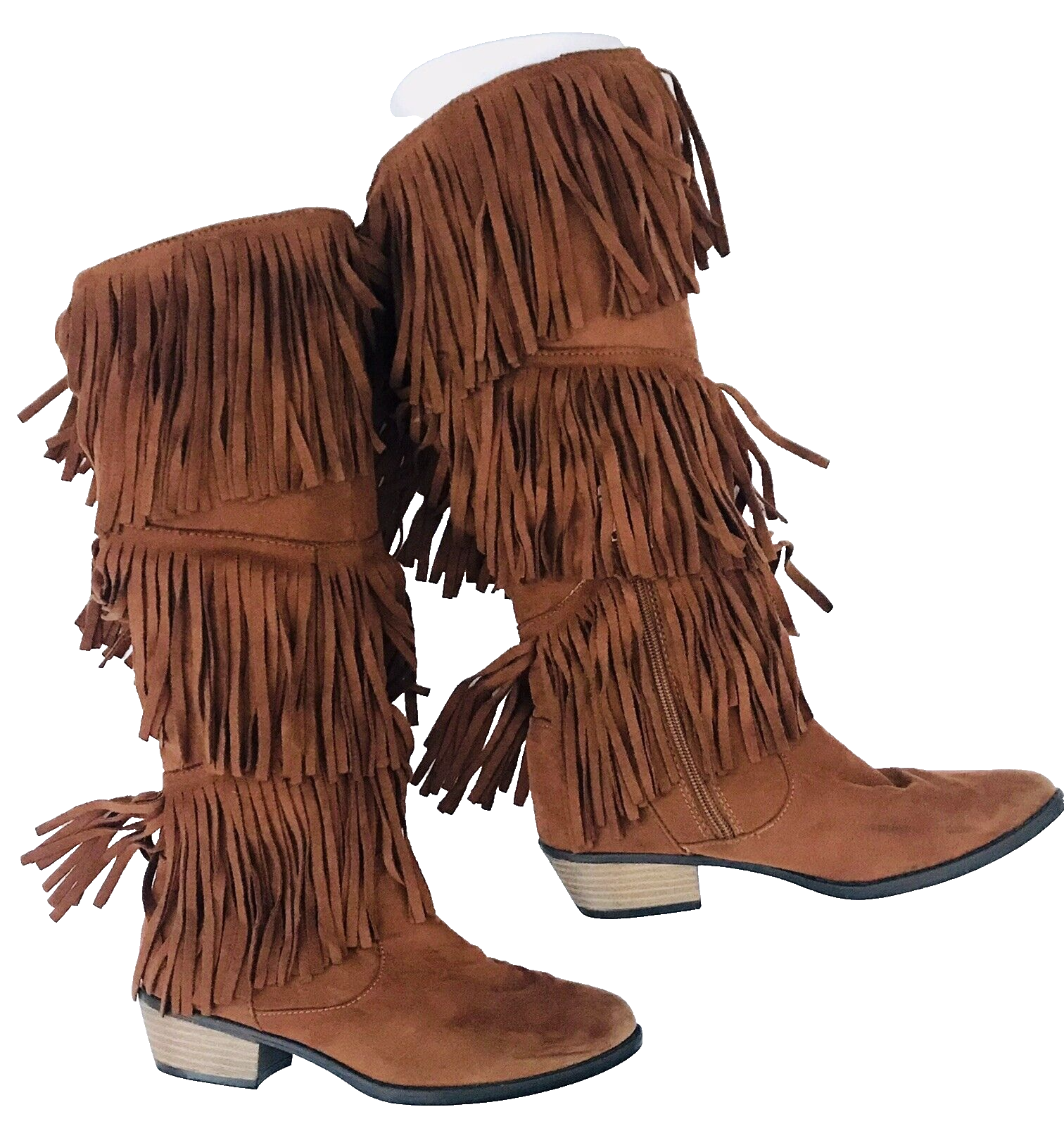 Qupid Womens Fringe Boots SZ 6.5 Brown Faux Suede Knee Tall