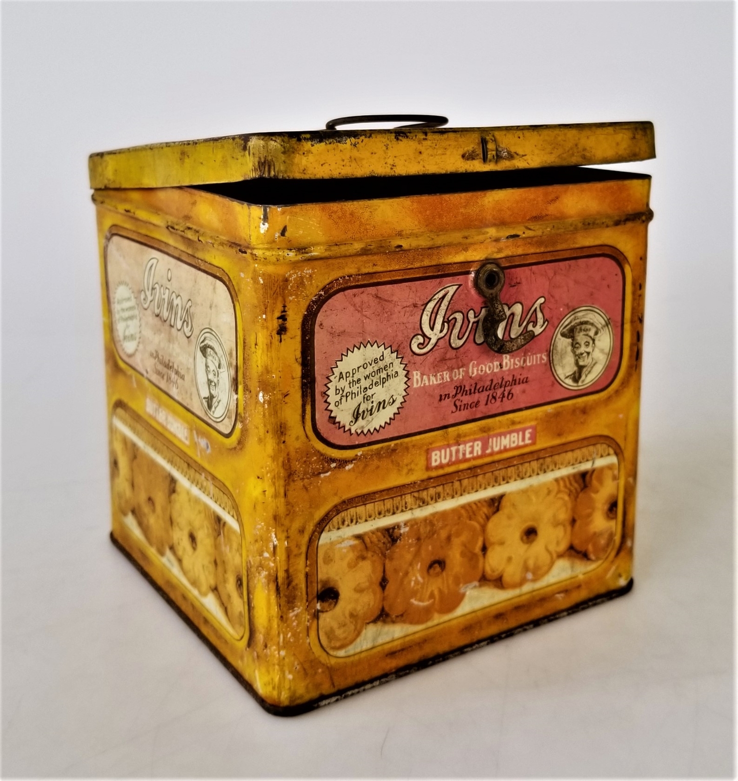 Antique Ivins Butter Jumble Biscuit Tin Primitive Country Kitchen