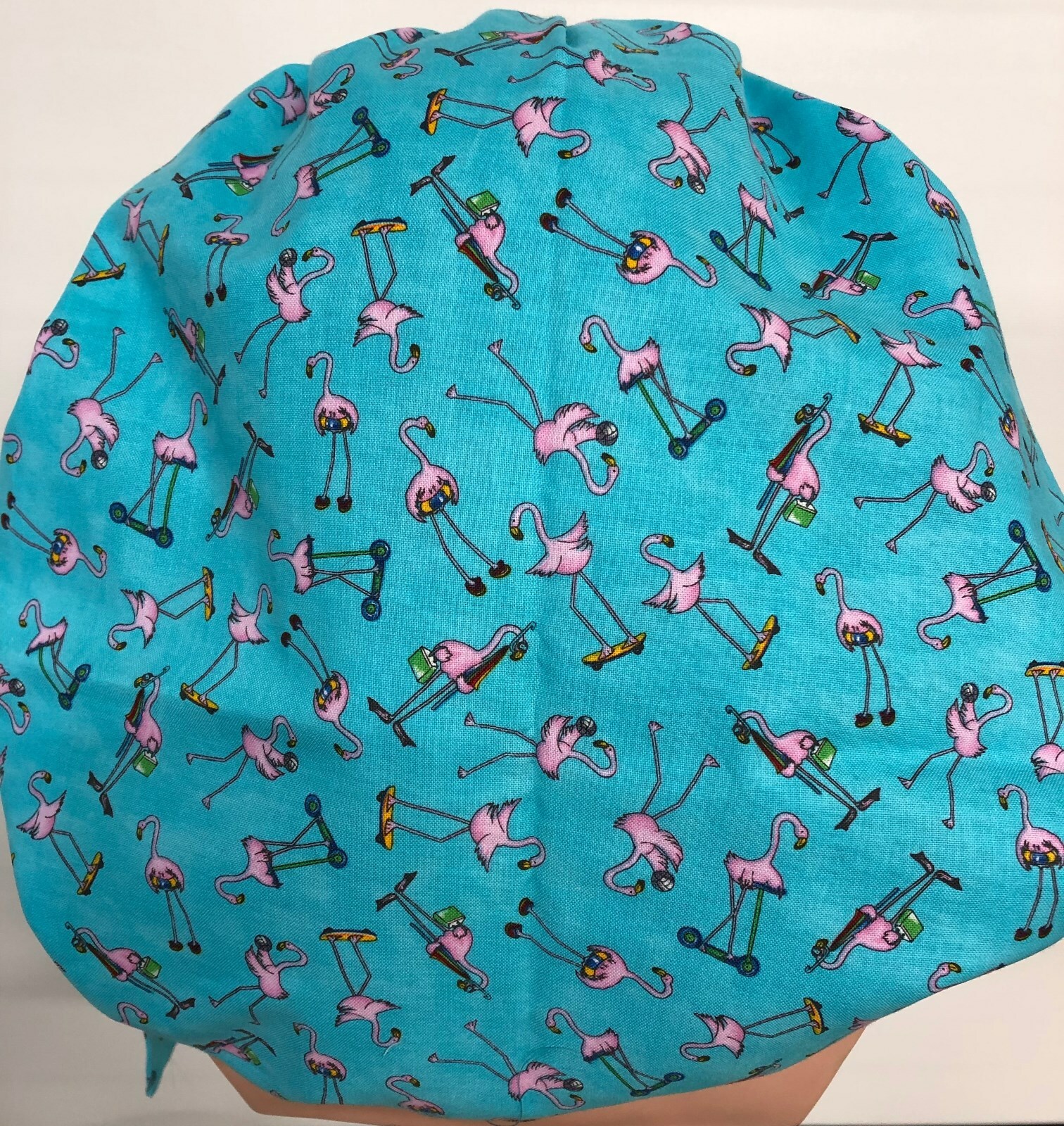 Scrub hat, Tie Back Bouffant with Full Band, Pink Flamingos on Turquoise