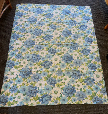 Vintage Bright Floral Printed Linen Tablecloth Blue Flowers w/ Leaves 50'' x 64''