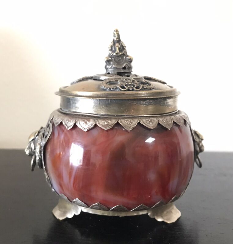 Chinese tibet agate inlay silver incense burner marked
