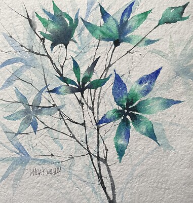 Whimsical teal blue floral￼ 7.5X 8  Original Watercolor By Pamela Wilhelm