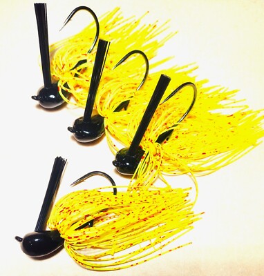 4pk Black and Yellow Blood Splattered Custom Made Weedless Bass Fishing Jigs