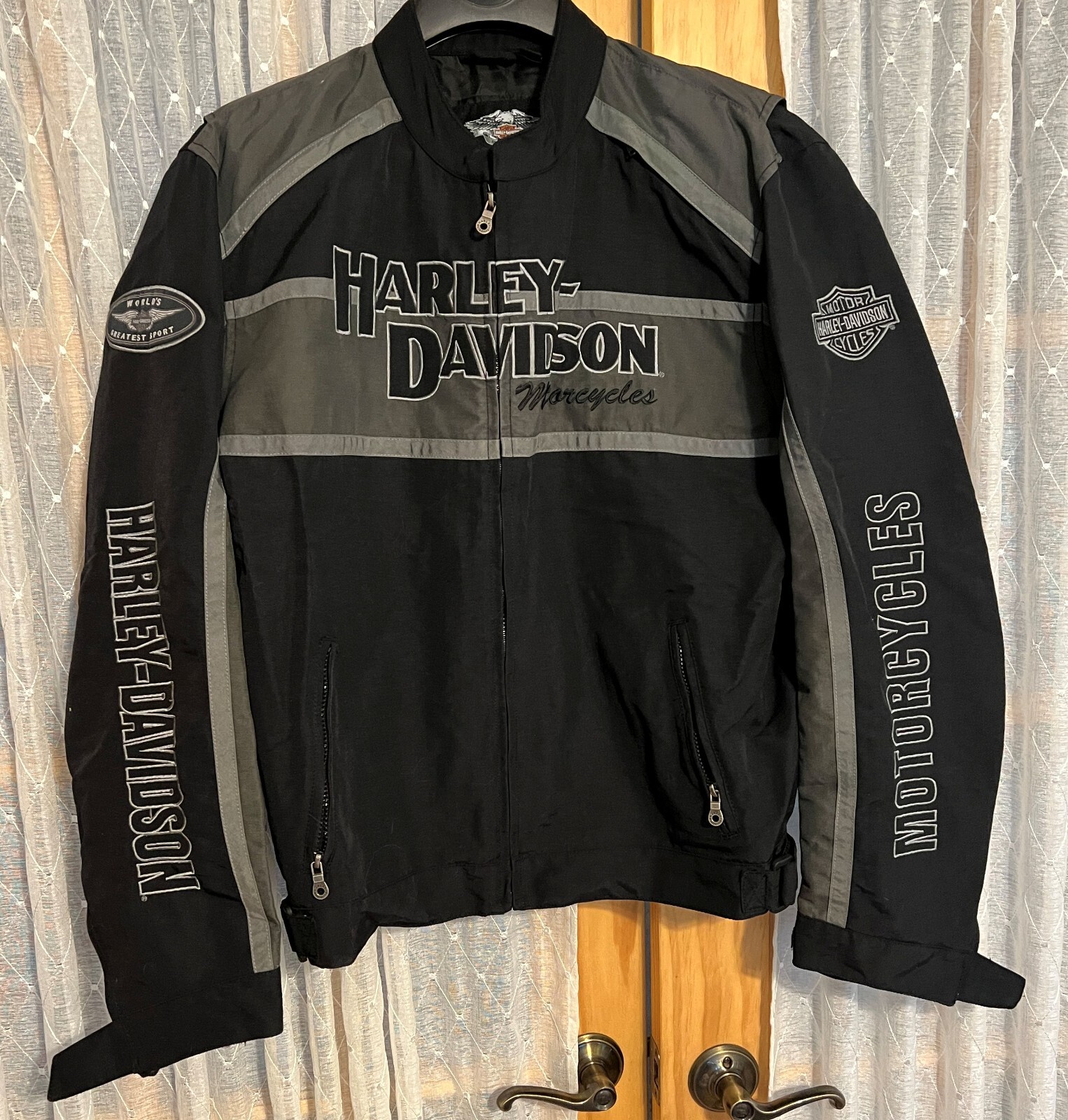 ジャケット・アウター HarleyDavidson nylon jacket fire pattern BLACK & GRAY EMBROIDERED HARLEY DAVIDSON NYLON RIDING JACKET
