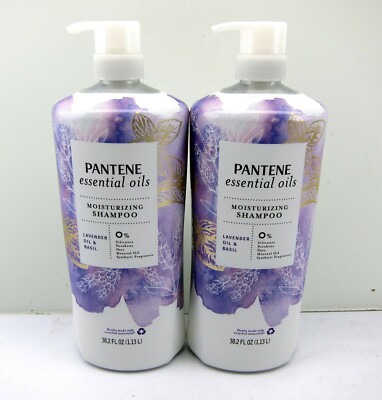 Lot 2 Pantene Essential Oils Moisturizing Shampoo Lavender Oil & Basil 38.2 Oz