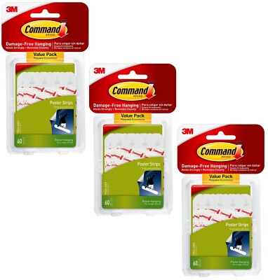 3 Packs 3M Command Sign Poster Hanging Strips (60 Strips/Pack, Total 180 Strips)