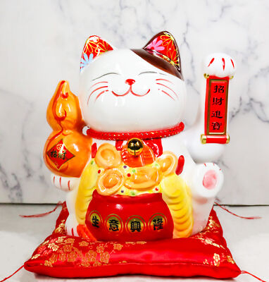 Japanese Lucky Charm White Beckoning Cat Maneki Neko With Waving Arm Statue 10"