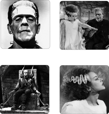 Frankenstein & Bride Set Of 4 All Different Photos Coasters With Cork Backing