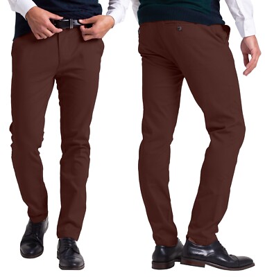 Mens Chino Slim Fit Workwear Casual Comfort Stretch Cotton Flat Front Full Pants