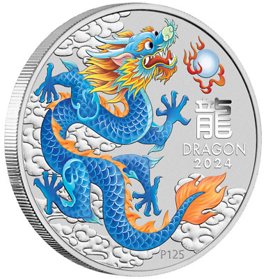 2024 Lunar Year of the Dragon 1oz BLUE .9999 Silver $1 Coin In Mint Capsule