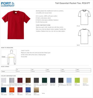 Port & Company Mens Tall Pocket T-Shirt 6.1 oz Cotton Heavy weight Tee M-PC61PT