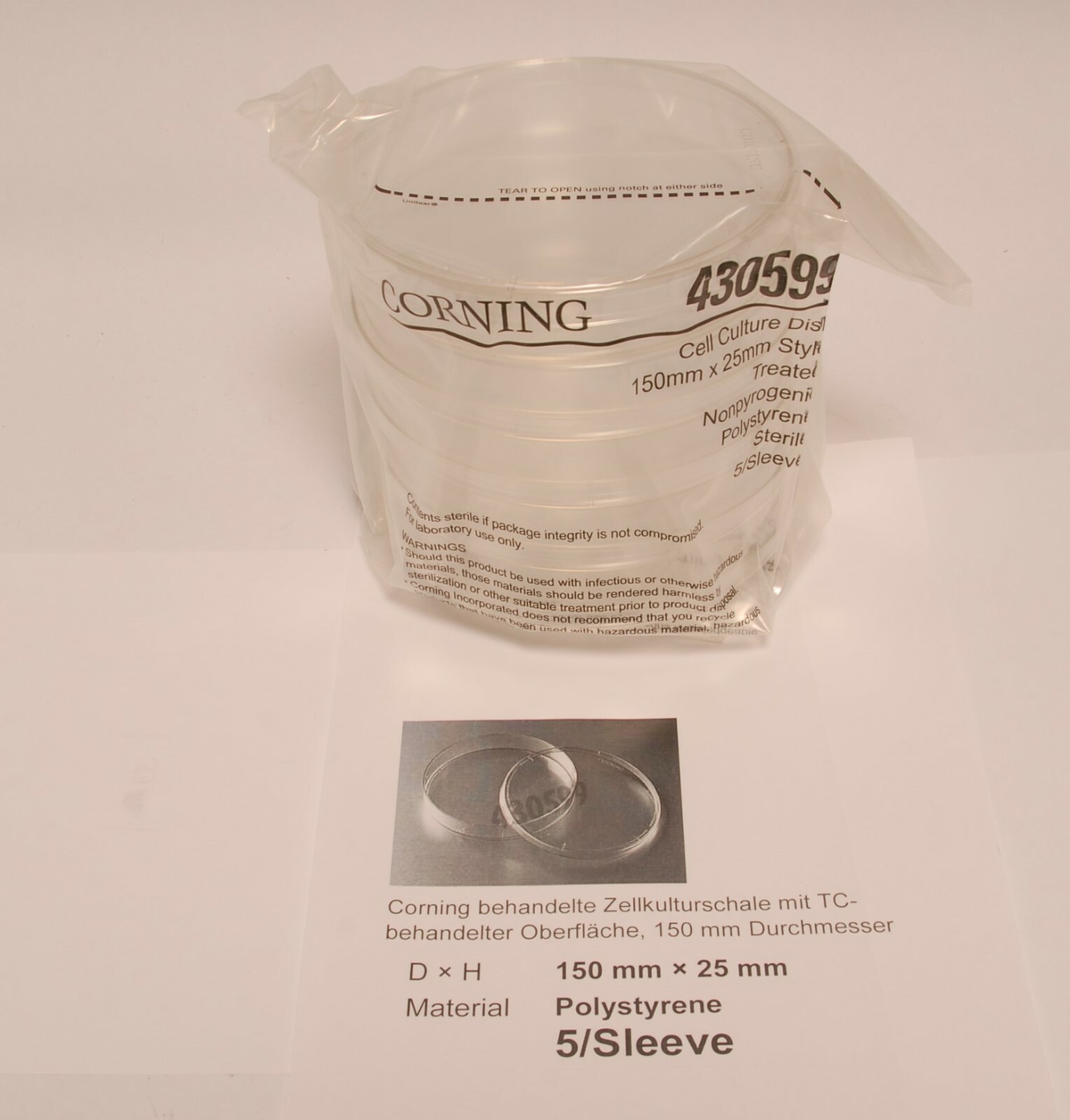 Corning 430599 behandelte Zellkulturschale 150mm x 25mm 5/sleeve Sterile