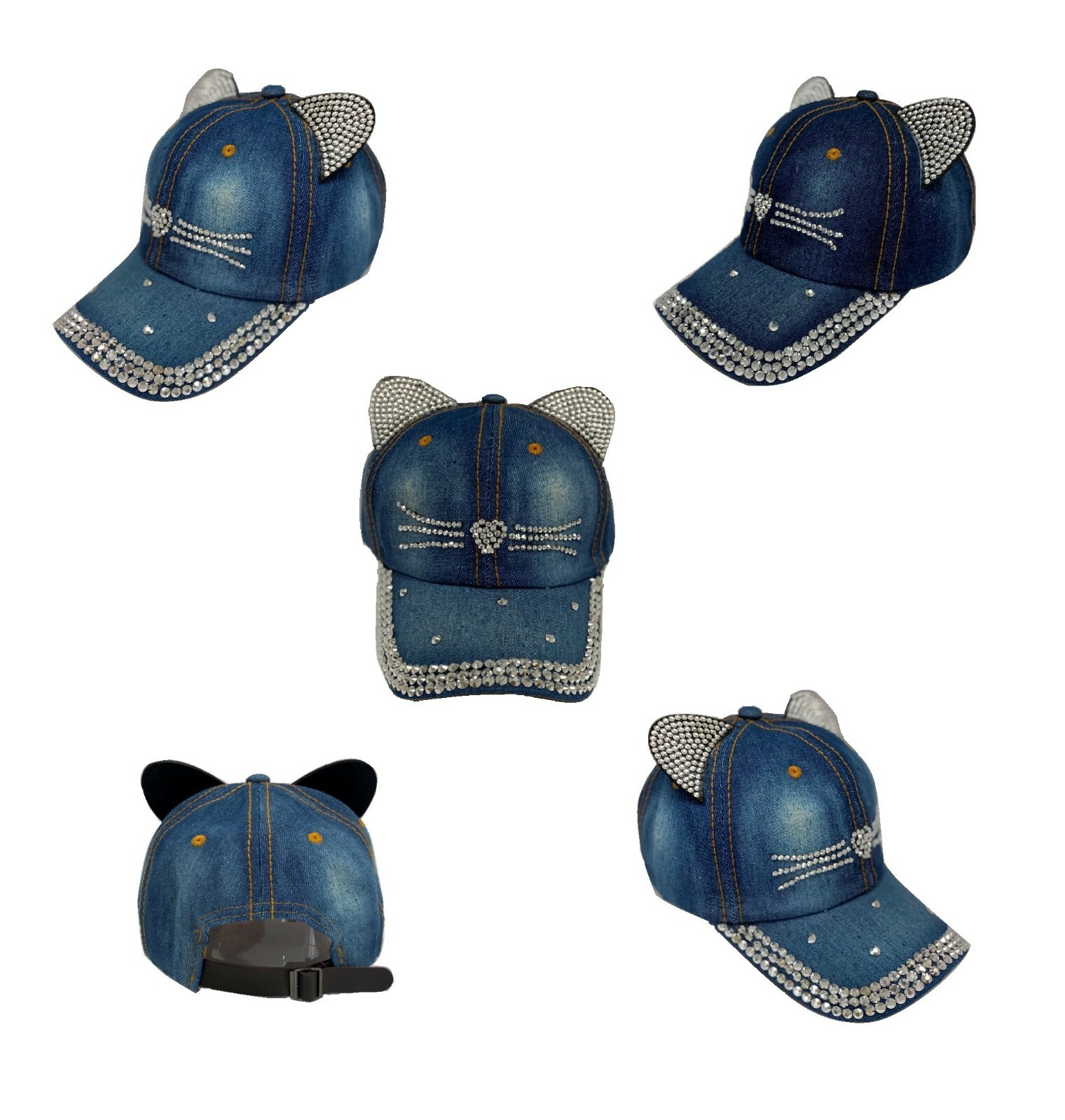 帽子 [1] Bling Rhinestones Studs Blue Denim Stars Denim Rhinestone Cap Women Men Bling Studded Baseball