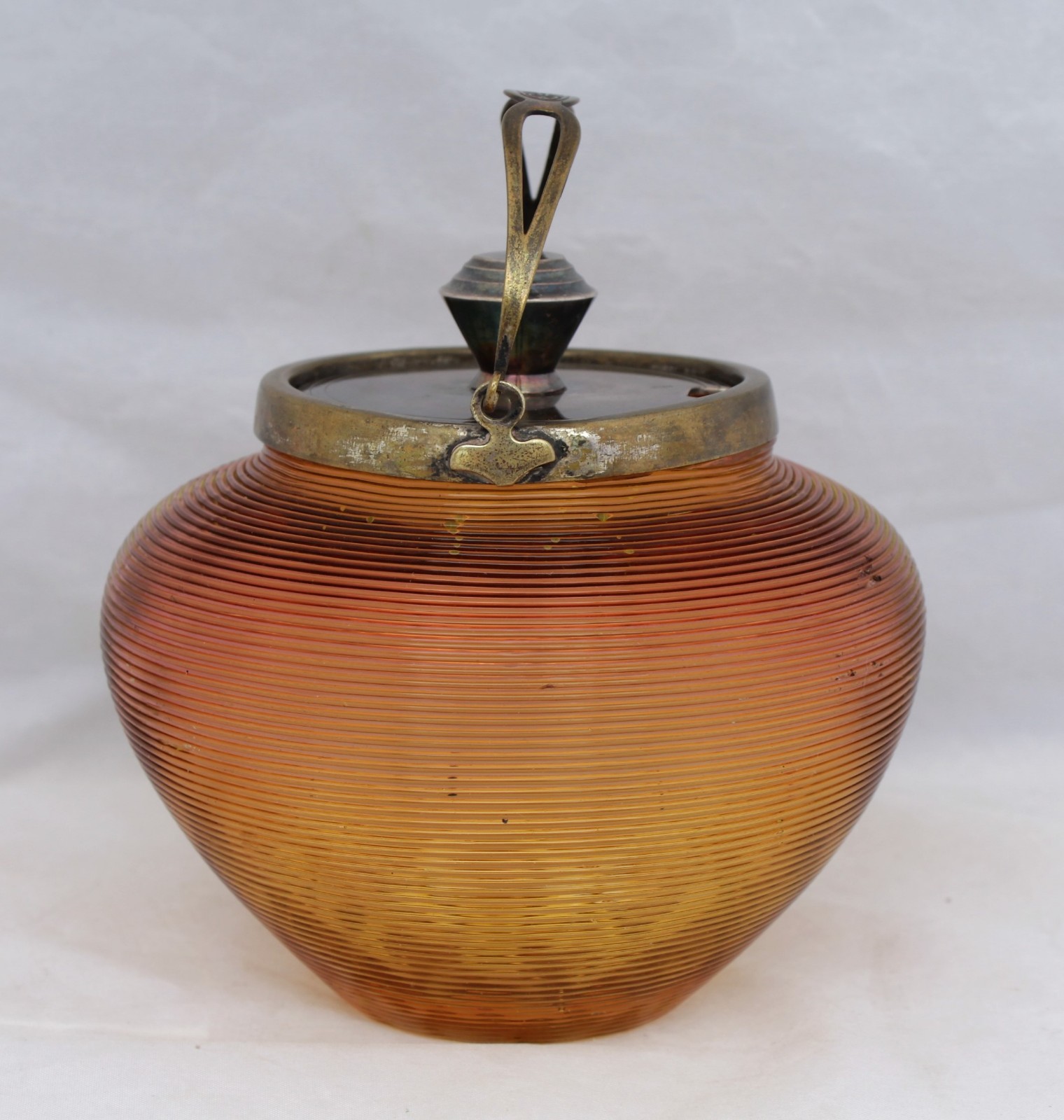 Ribbed Amber Glass Condiment/Sugar Bowl With Elkington Silver Plate - Circa 1900