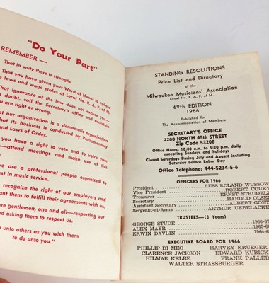 Vintage 1966 Milwaukee UNION DIRECTORY Musicians Association A.F. of M. Local 8