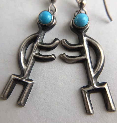 Turquoise Man Dangle Earrings Sterling Silver 925 Stamped LM 2