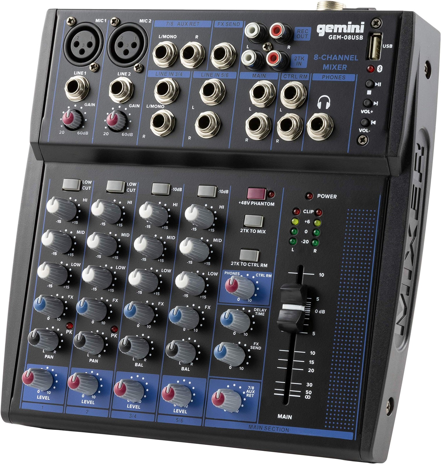 Gemini 8-Channel Audio Mixer – USB Playback, FX, EQ, Phantom Power – Compact DJ