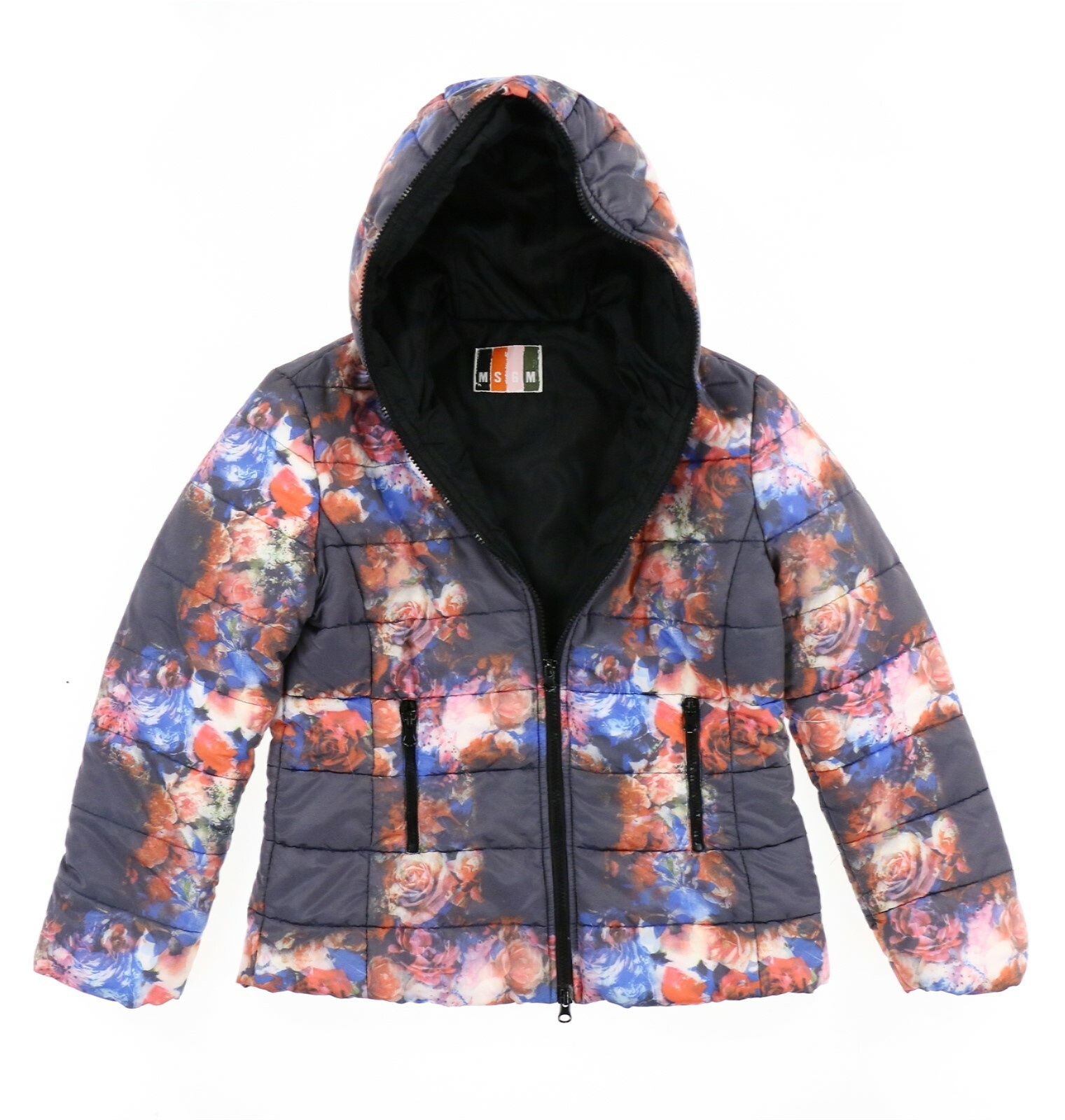 MSGM 254901 Kids Girls Hooded Floral Puffer Jacket Blue Size