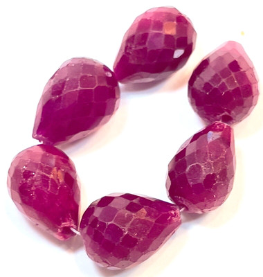 6 Facetted Ruby Gemstone Beads 8mm x 6mm VTG Teardrop Briolette Pendants #1