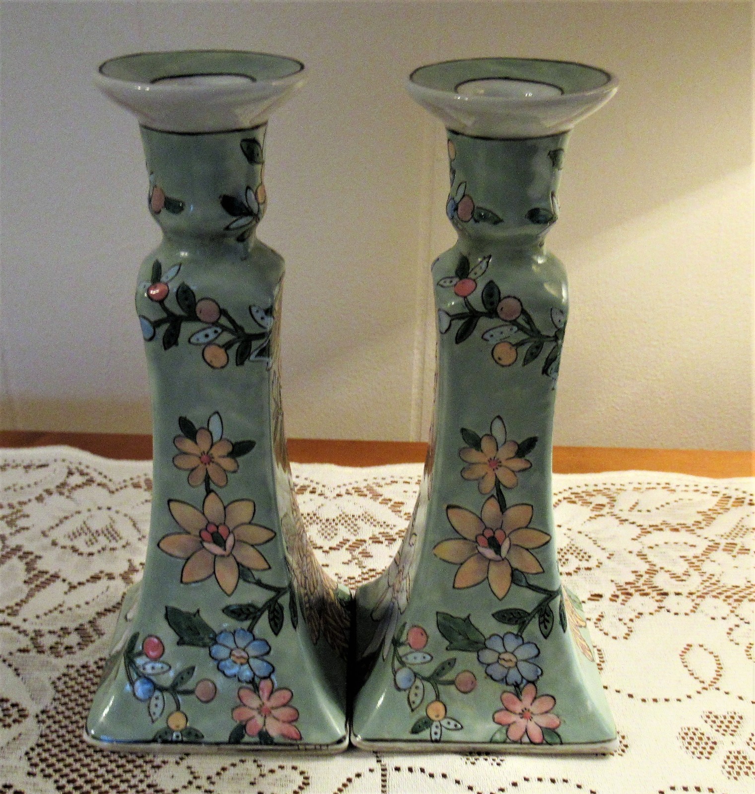 Vintage Pair Asian Oriental Chinese Porcelain Pastel Floral Candlesticks 9