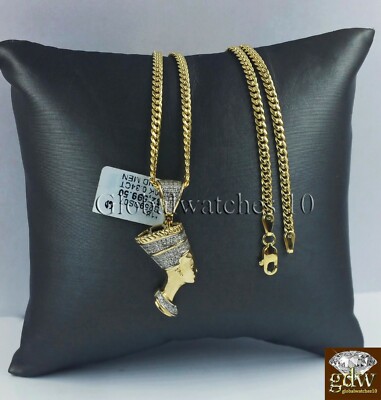 Pre-owned Globalwatches10 10k Gold Diamond Egyptian Queen Nefertiti Charm With 22"inch Miami Cuban Chain In White