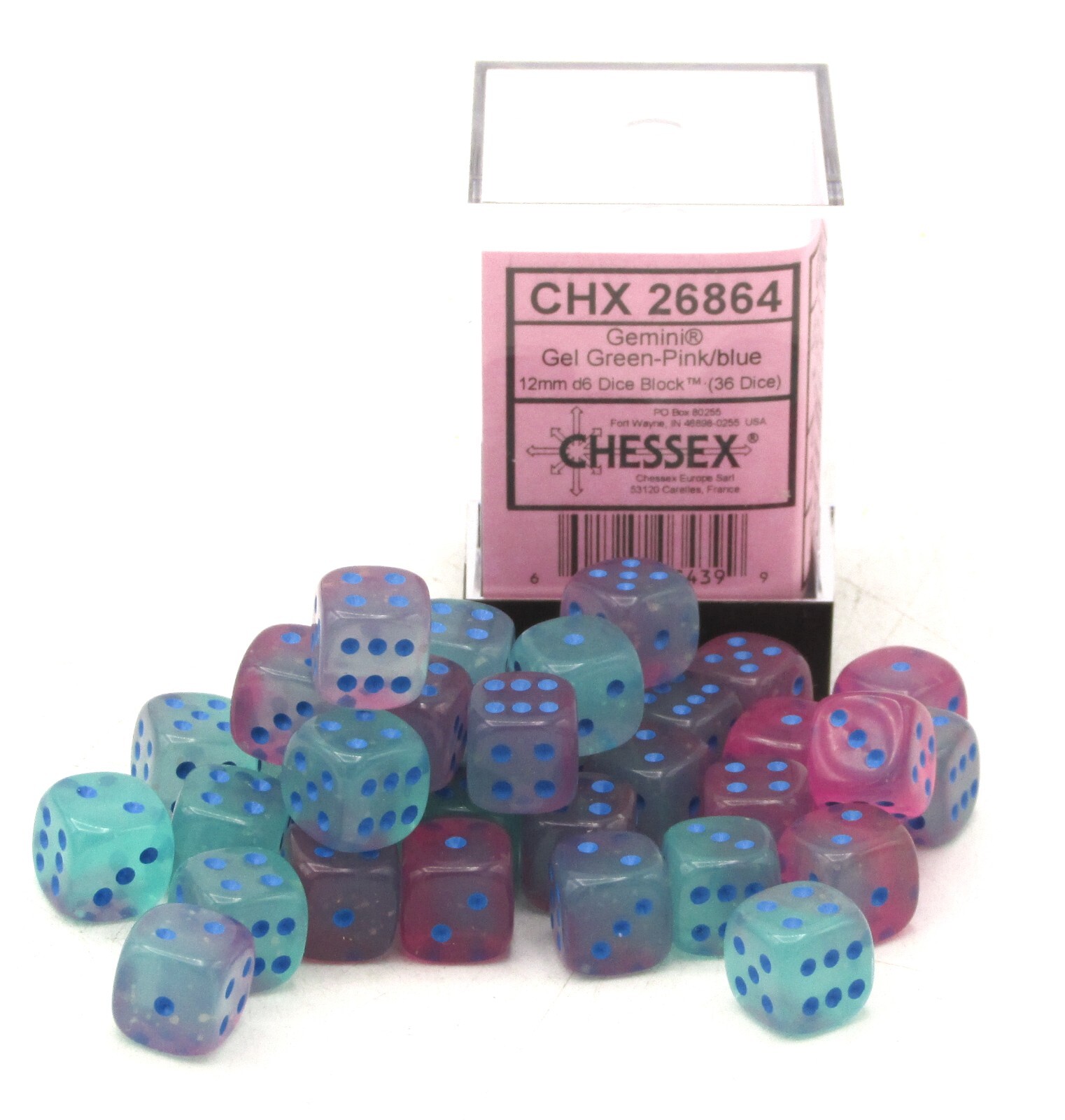 Chessex 26864 Gemini Gel Green-Pink/Blue 12mm d6 Block (36