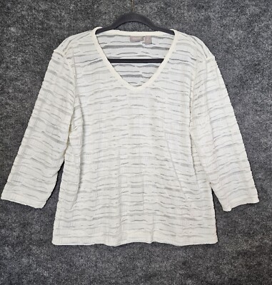 Chicos 2 Top Womens L White Semi Sheer Waves Pattern 3/4 Sleeve