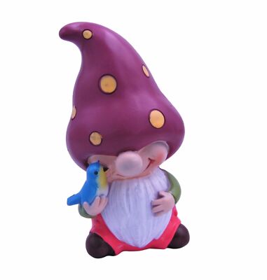 Fairy Gnome Garden 5.75'' Purple Mushroom Gnome Holding Bird - Buy 3 Save $5