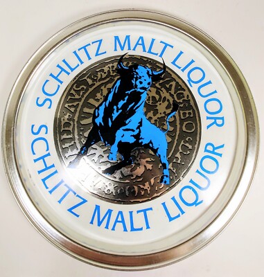 VtgSchlitz Malt Liquor Metal Beer Tray 11 .  Bull Logo.  Schlitz Brewing. VGood 
