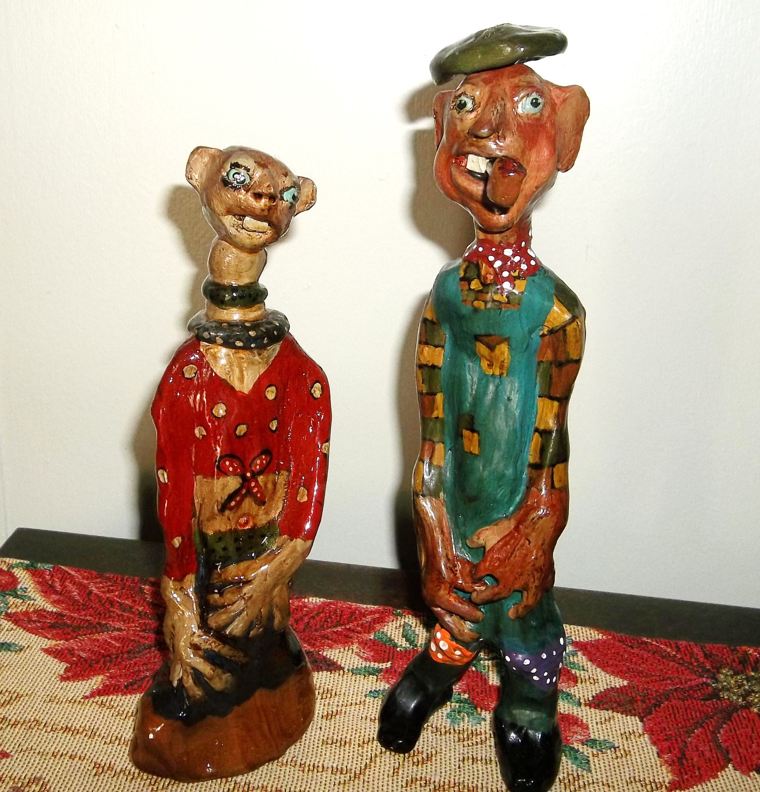 Southern Pottery Face Jug/Figurines -  signed - Decorative Folk Art  Pair/Set