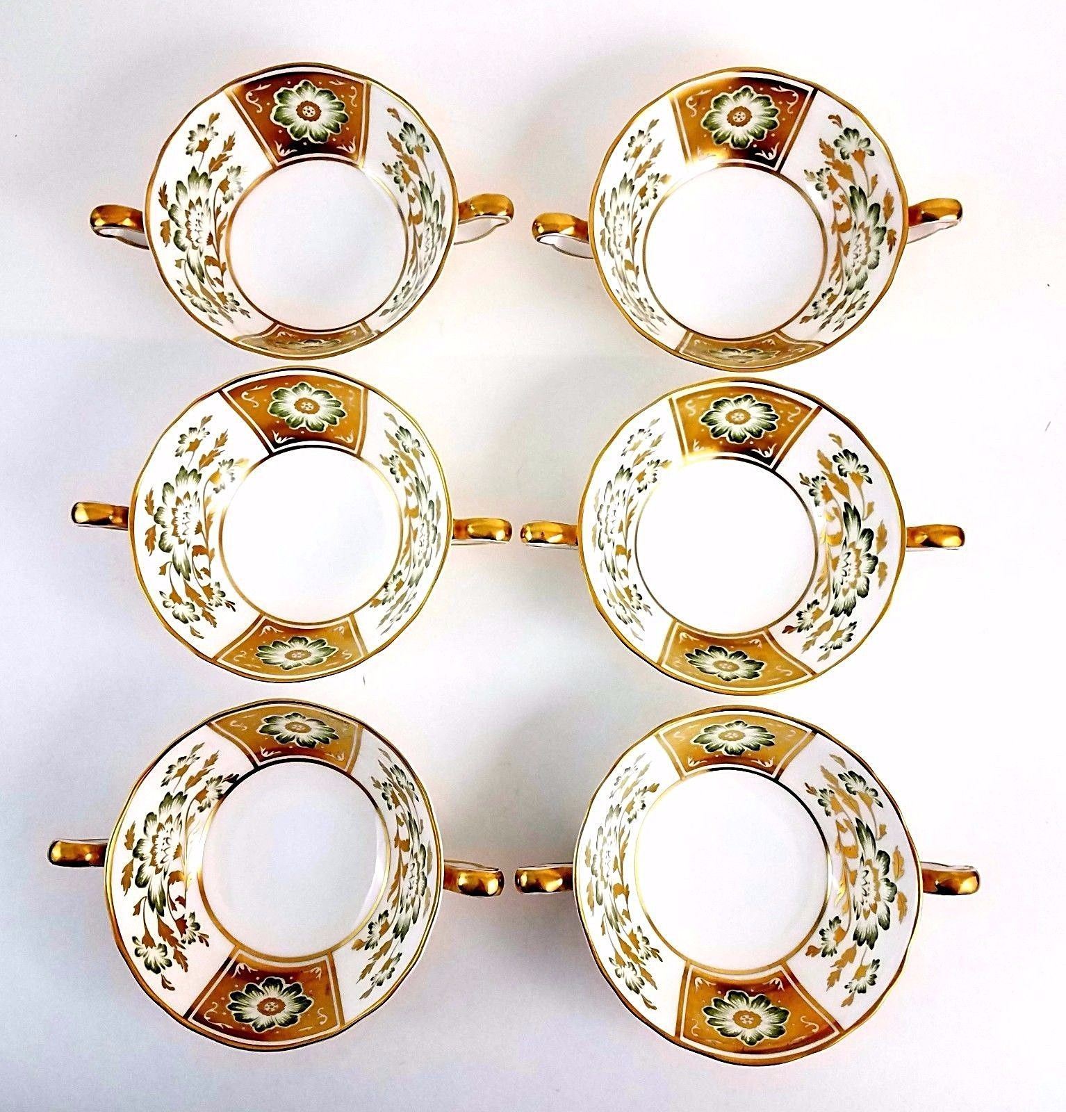 ROYAL CROWN DERBY Panel Green 12 Sets Cream Soup Bowl/s & Saucer Plate/s Handles