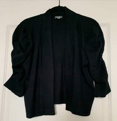 Neiman Marcus M Shrug Sweater Black Ruched Puffy Short Sleeves Open