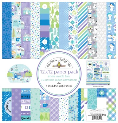 12X12 Paper Kit Doodlebug Snow Much Fun Winter Snowmen Cottages Flakes Animals