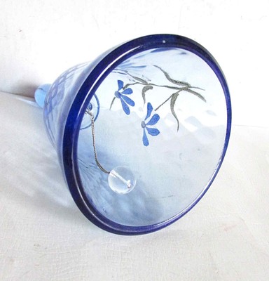 Blue Glass Bell Hand painted Florals Vintage 6.5
