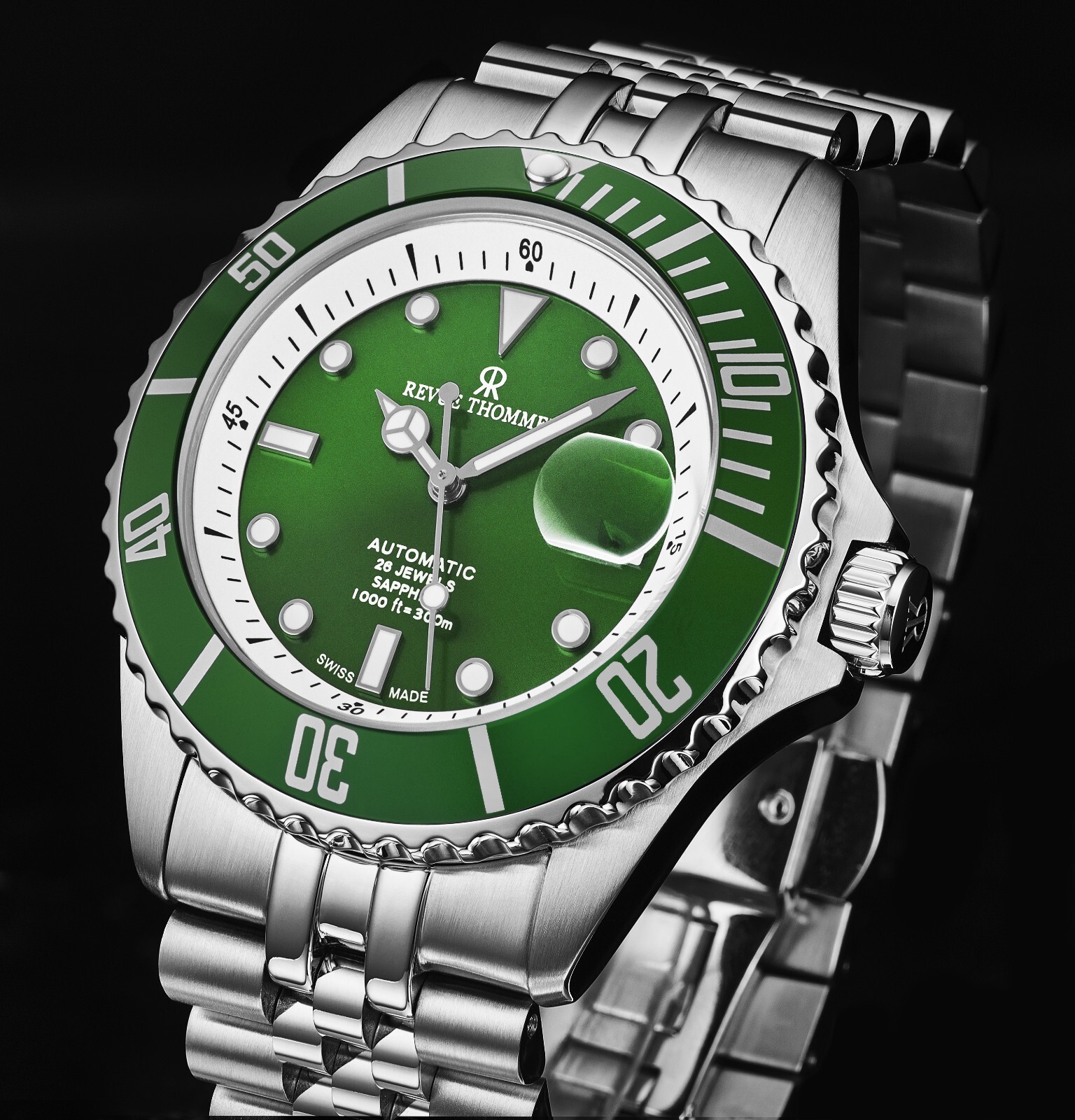 Pre-owned Revue Thommen Men's Diver Green Dial Stainless Steel Automatic Watch 17571.2929