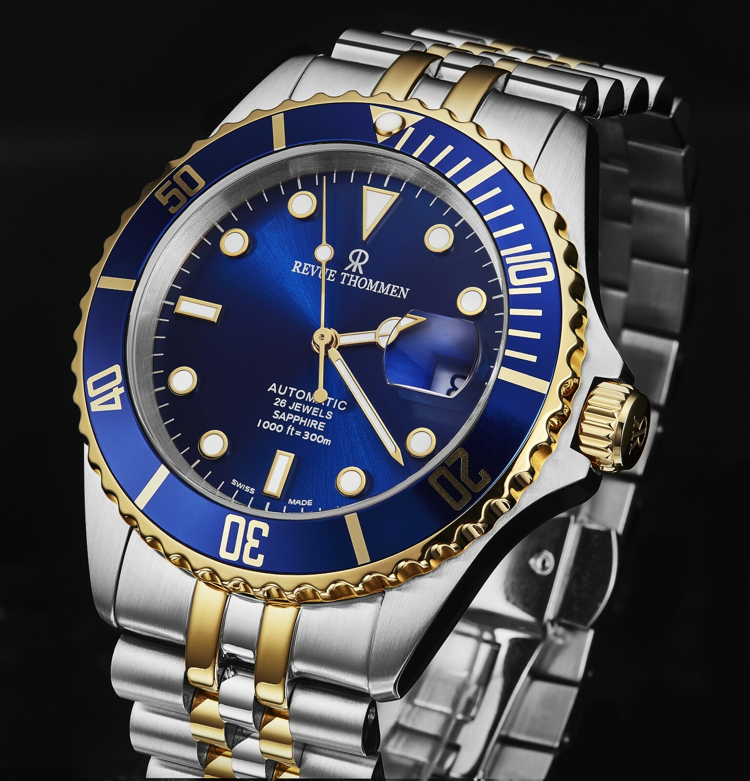 Pre-owned Revue Thommen Men's Diver Blue Dial Two Tone Automatic Watch 17571.2245
