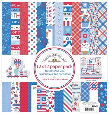 Crafts 12X12 Paper Kit Doodlebug Hometown USA Patriotic RWB Fireworks Stars Flag