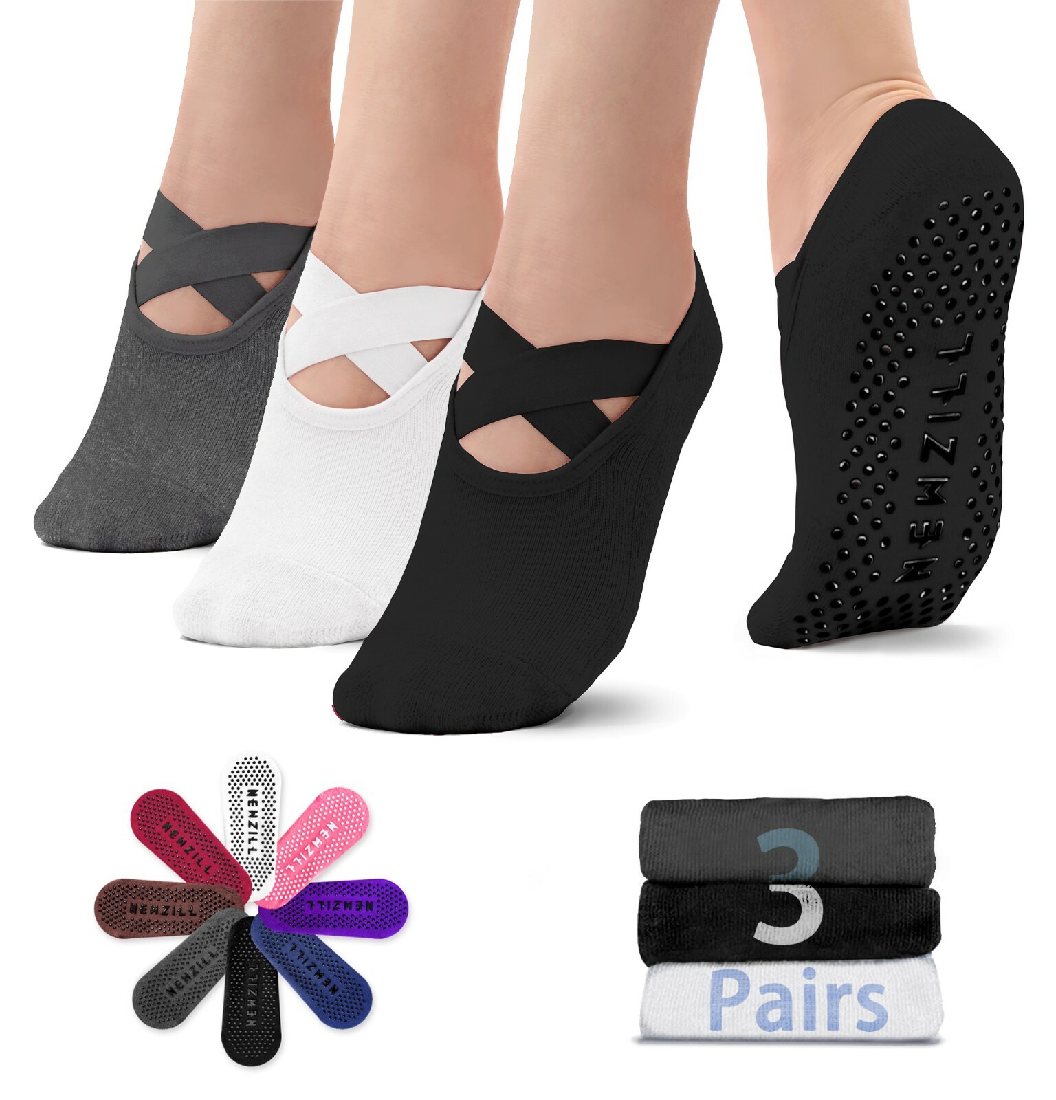 ⭐️Newzill 3 Pairs Yoga Socks Women Non-slip Straps Pilates Workouts Dance Home⭐