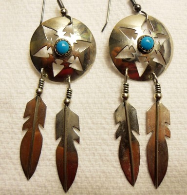 Vintage Large Signed DV Lee Turquoise Feather Sterling Silver Dangle Earrings