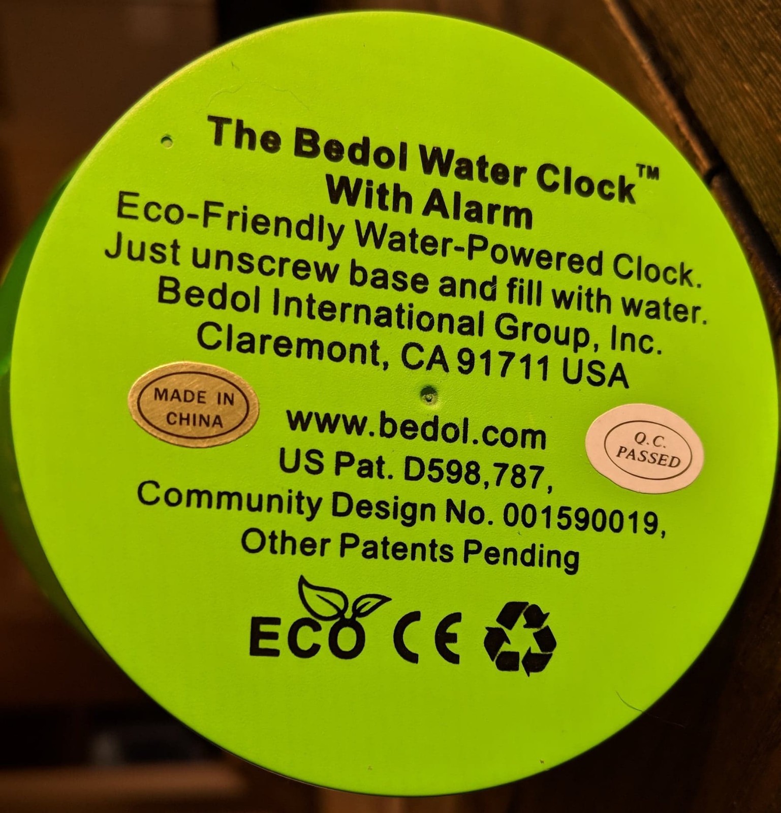 Bedol LIME GREEN WATER ALARM CLOCK New in Box RARE COLOR! Unique Xmas Gift Idea