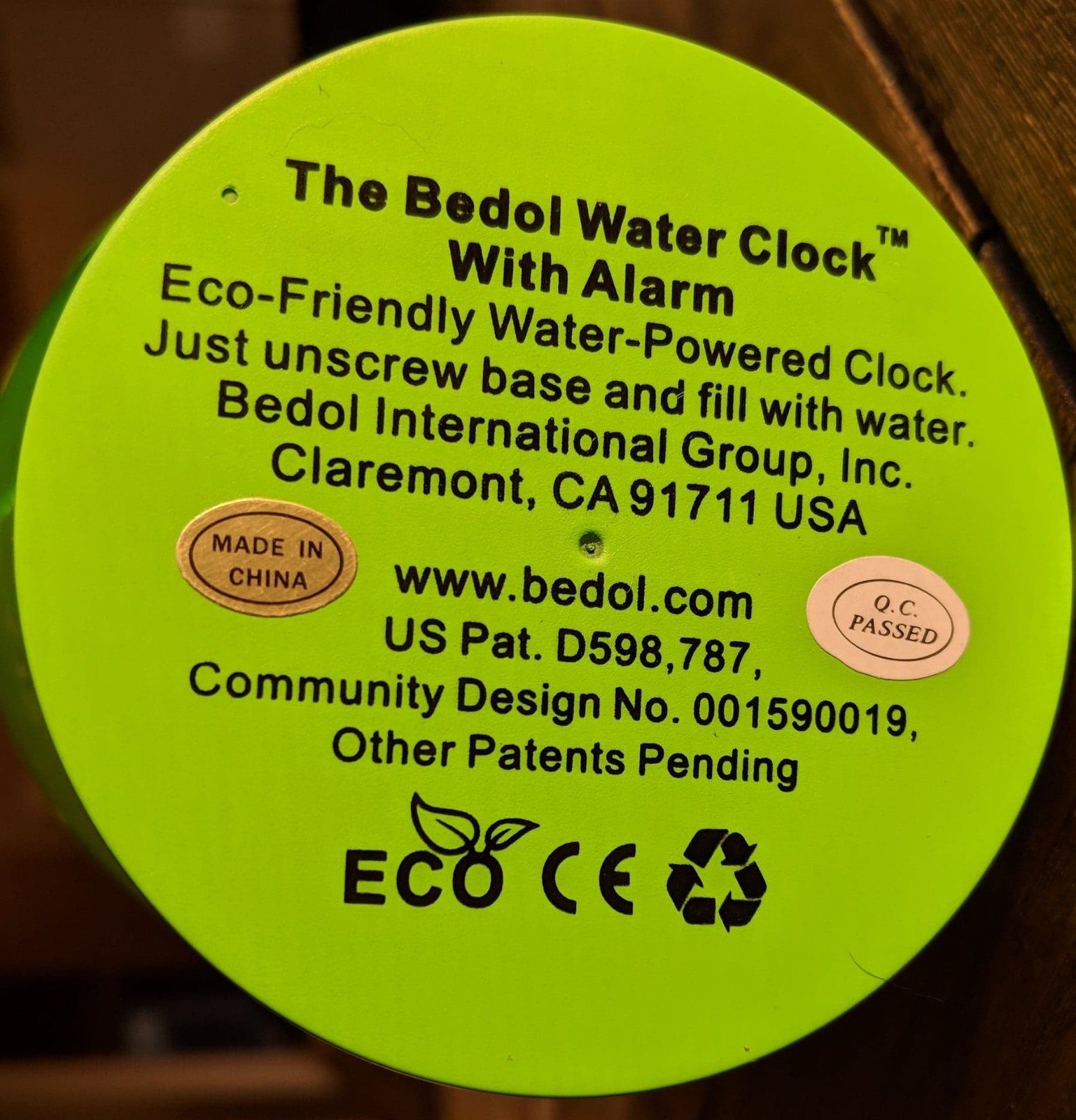 Bedol LIME GREEN WATER ALARM CLOCK New in Box RARE COLOR! Unique Xmas Gift Idea