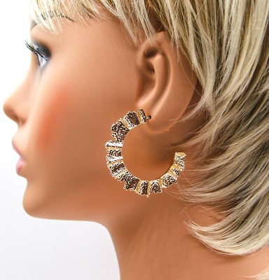 Large Modern Style Highly Textured Gold Tone Hoop Earrings 