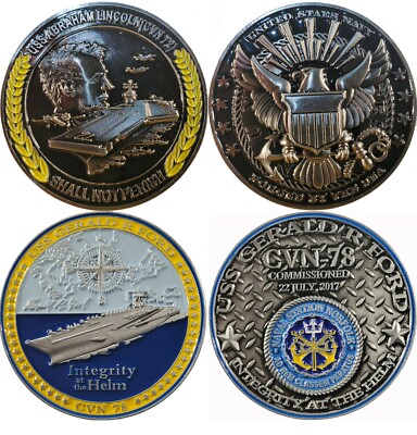 Set of  2 US Navy Aircraft Carrier Challenge Coins USS Ford, Lincoln 154,161
