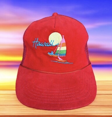 NWOT 80's Vintage Hawaii Sailboat Red Rainbow Corduroy SnapBack Trucker Hat Cap
