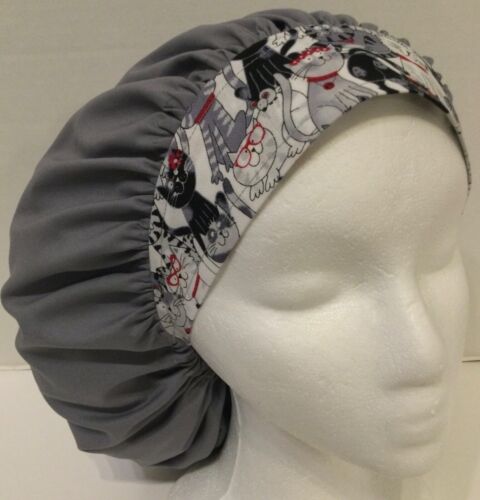 Gray with Cats Band Scrub Cap Large Bouffant Medical Surgery Hat 