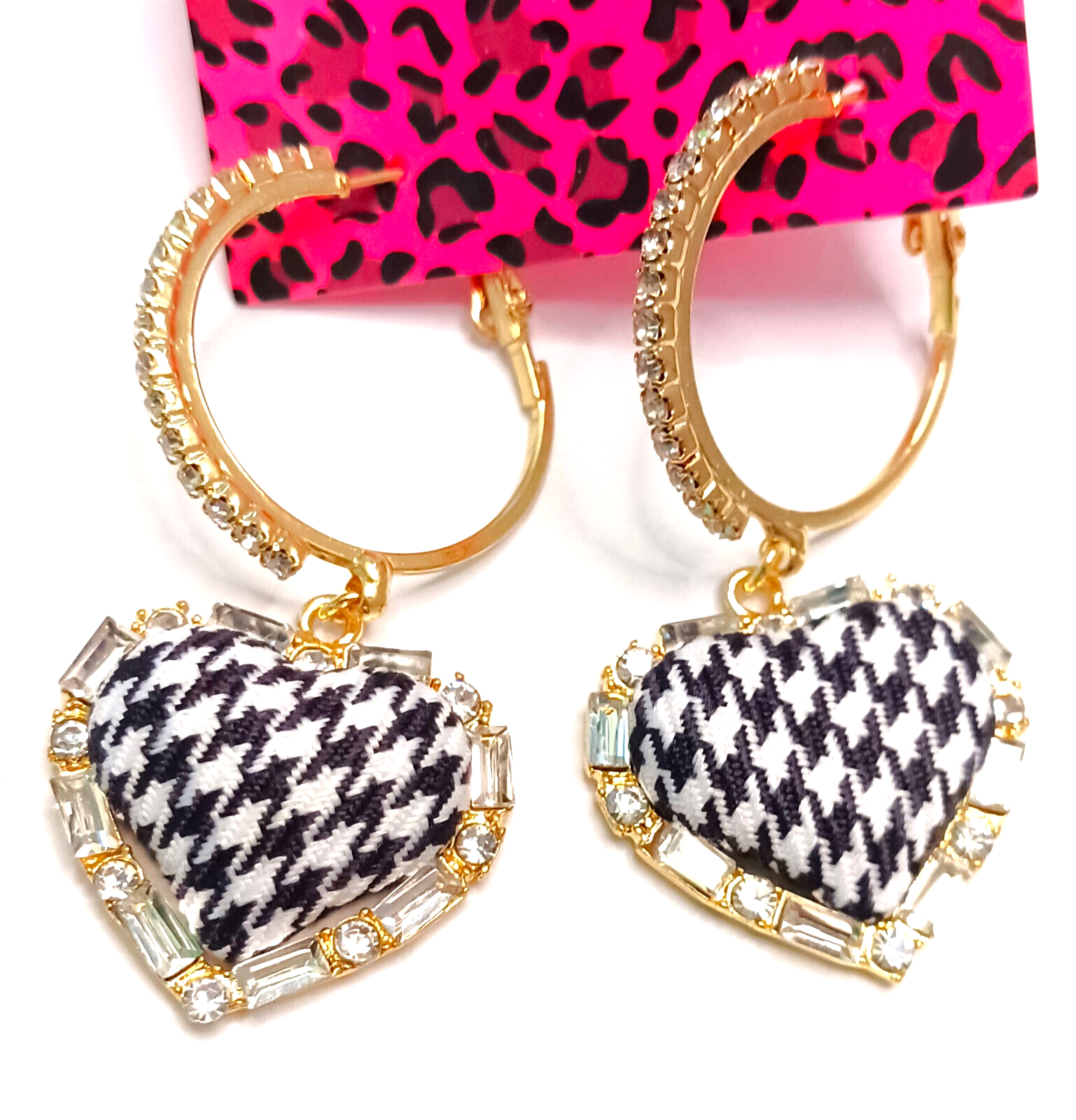 Classy HOUNDSTOOTH Black White HEART Rhinestone Betsey Johnson Dangle Earrings